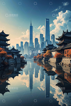 古今建筑融合的城市河畔景观