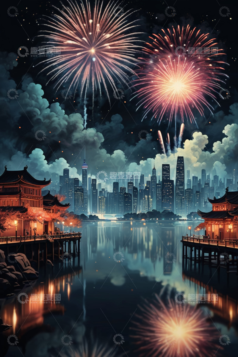 高清大图下载【趣麦麦图】城市夜景烟花与古典建筑景观