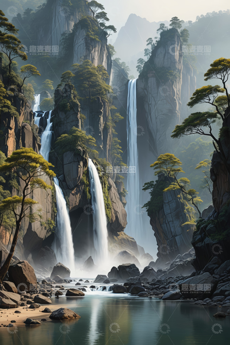 高清大图下载【趣麦麦图】山水间壮丽瀑布自然景观