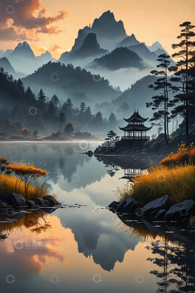 高清大图下载【趣麦麦图】中式山水湖畔古亭风光