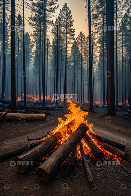 森林中燃烧的篝火场景