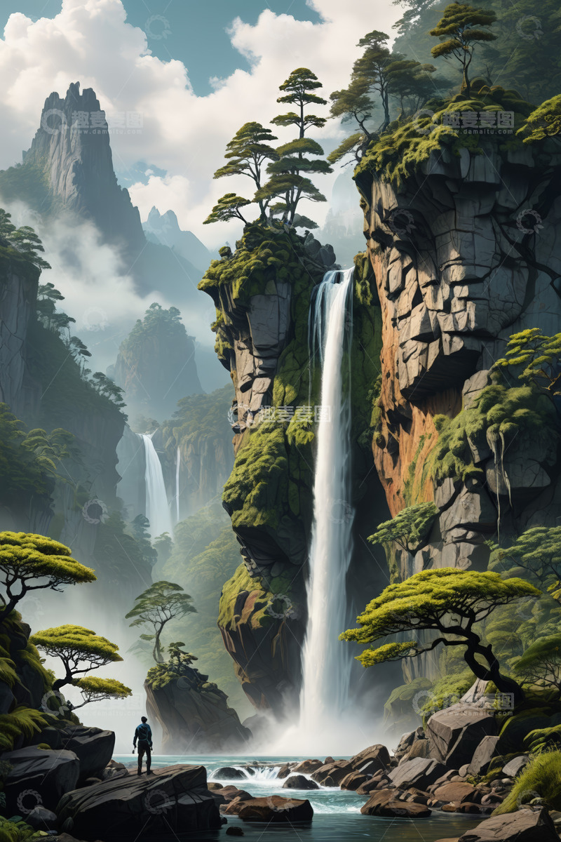 高清大图下载【趣麦麦图】人于山水间赏瀑布风景