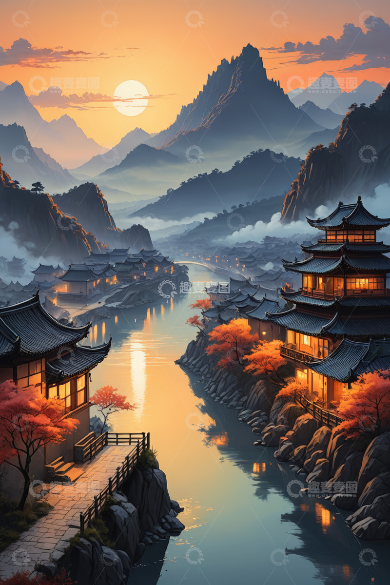 高清大图下载【趣麦麦图】古风山水间的中式建筑群