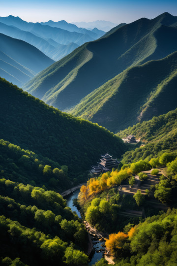 山谷间古建筑与山林风光