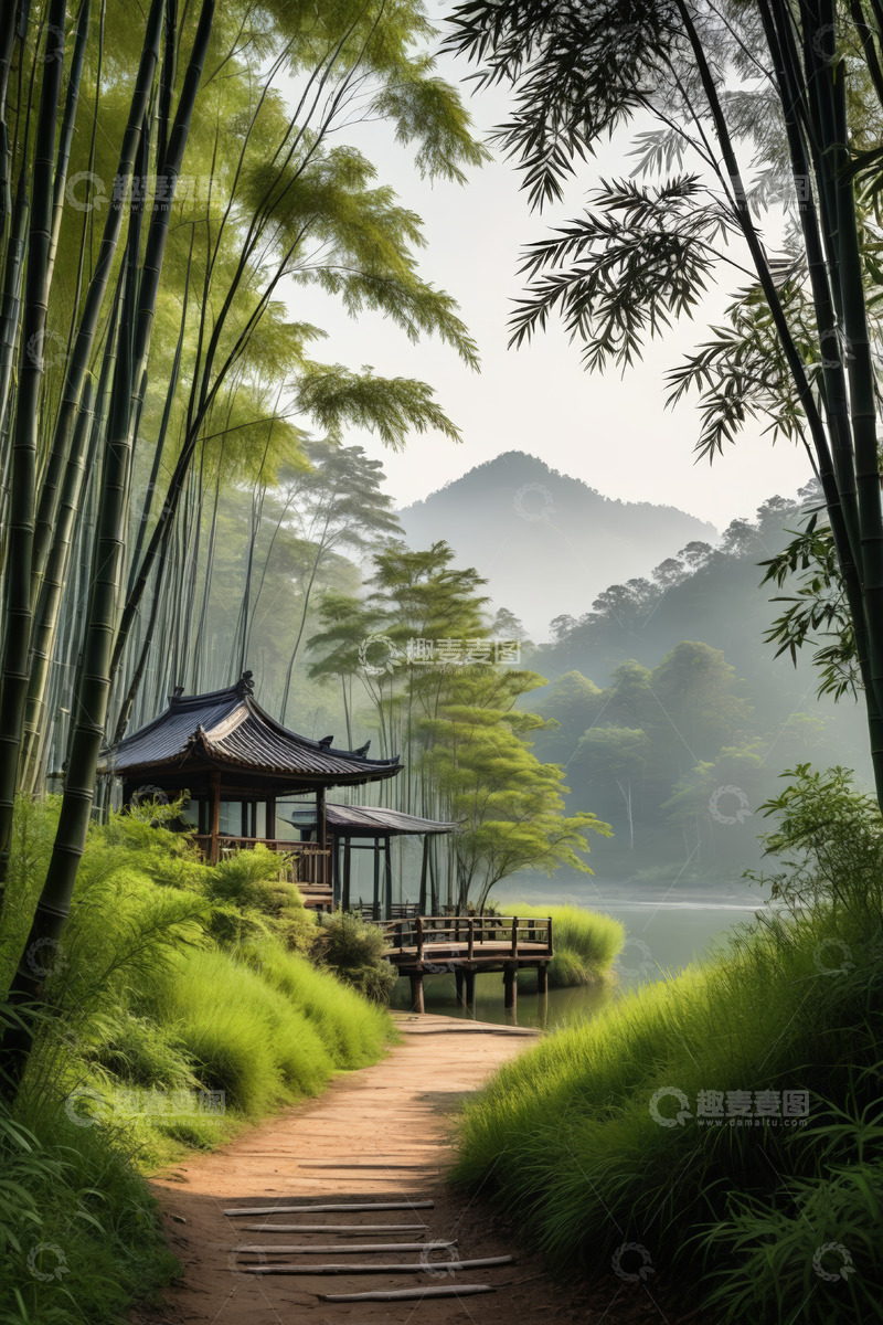 高清大图下载【趣麦麦图】竹林湖畔中式凉亭自然风光