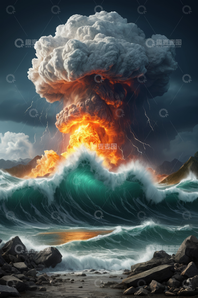 高清大图下载【趣麦麦图】海上火山喷发震撼景象