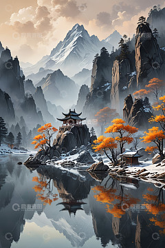 中式山水风景中的古典建筑