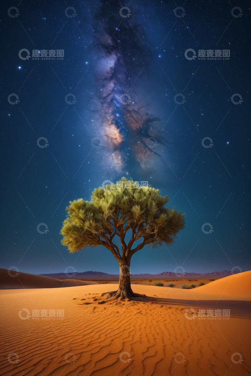 高清大图下载【趣麦麦图】沙漠中孤树立于星空下