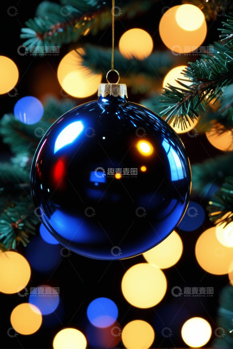高清大图下载【趣麦麦图】蓝色圣诞球挂饰特写