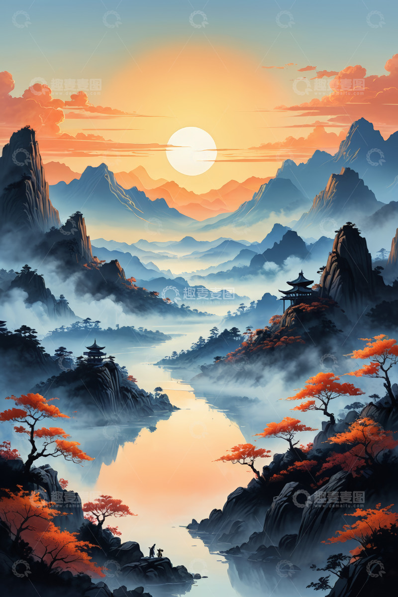 高清大图下载【趣麦麦图】中式山水夕阳风景图