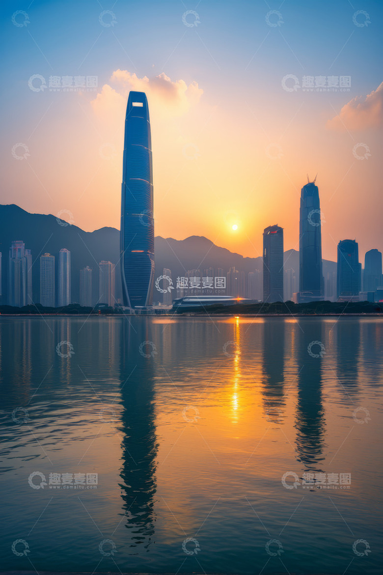 深圳城市风光夕阳下摩天大楼