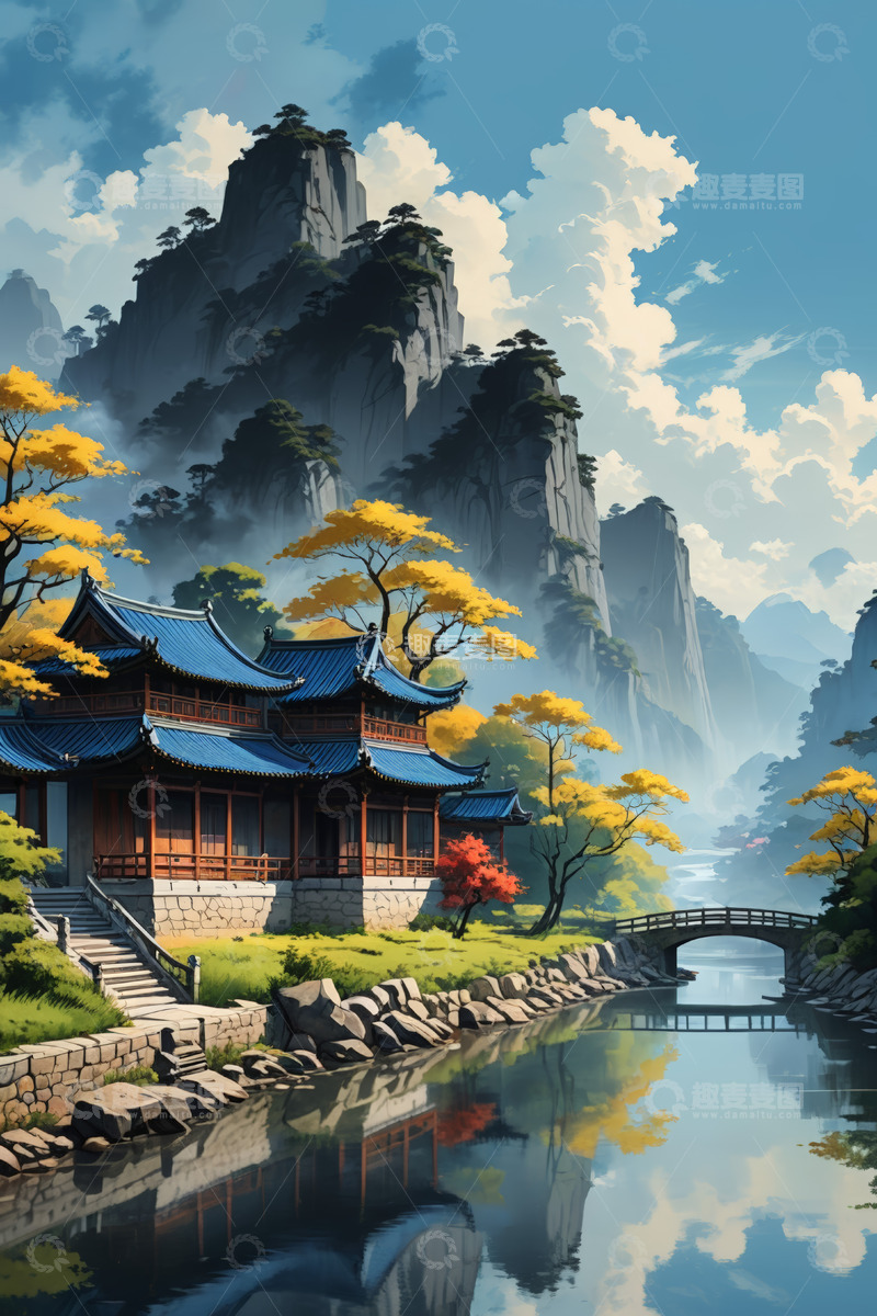 高清大图下载【趣麦麦图】中式古风山水楼阁风景