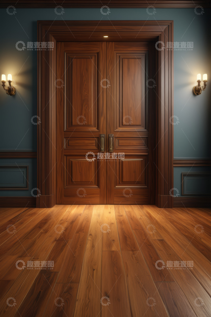 高清大图下载【趣麦麦图】室内深色木门与壁灯场景