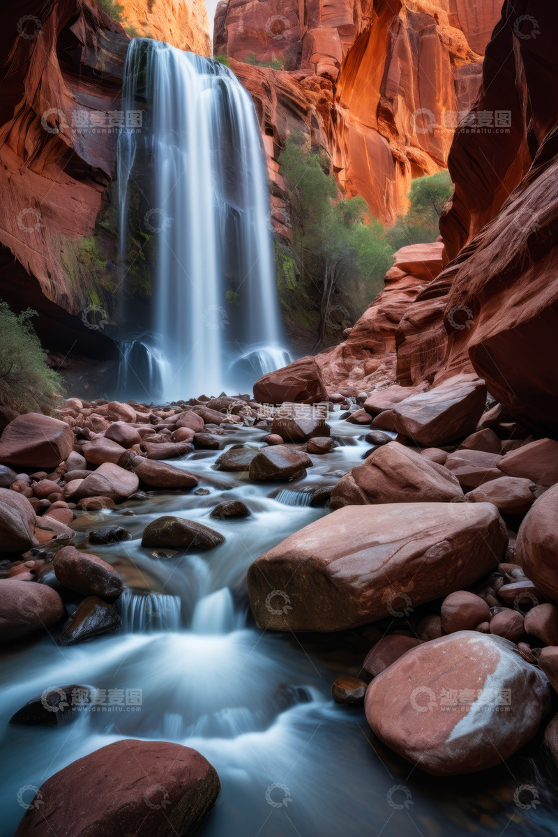 高清大图下载【趣麦麦图】峡谷中瀑布流水与岩石景观