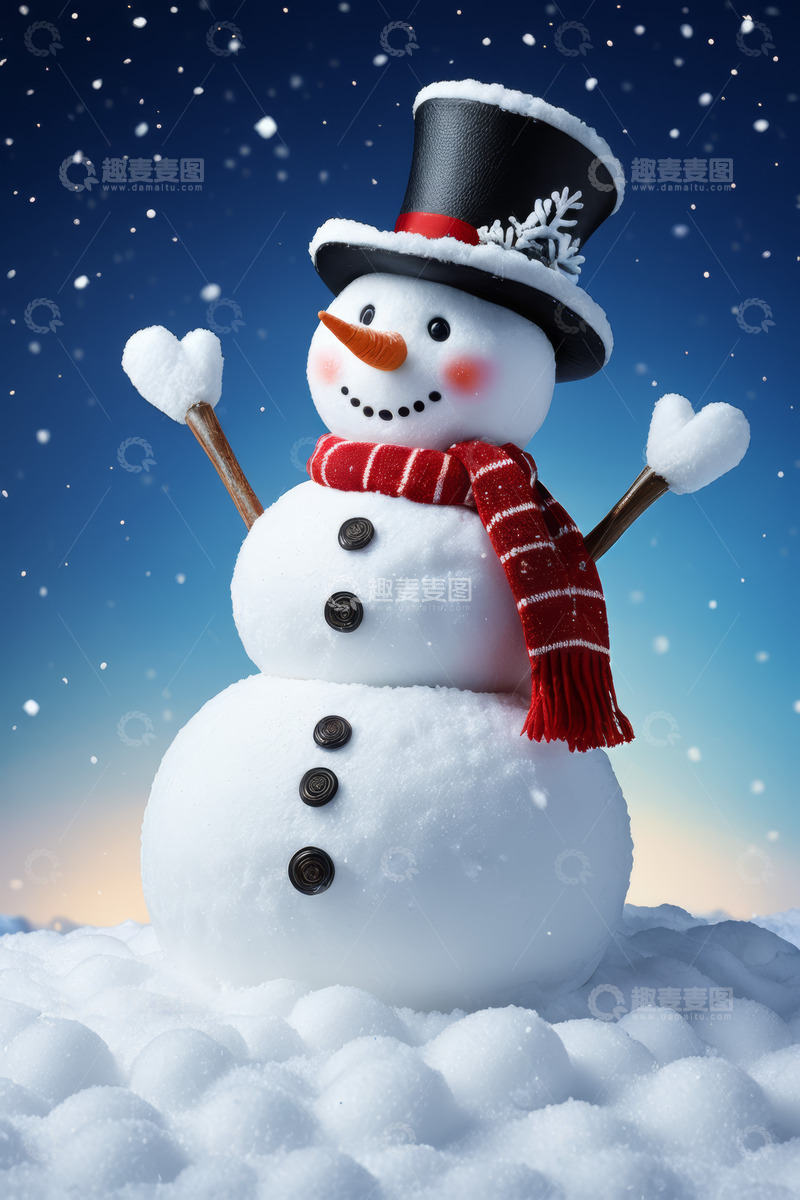 高清大图下载【趣麦麦图】可爱雪人在飘雪场景中张开双臂