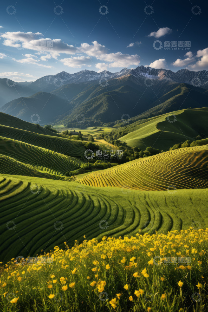 高清大图下载【趣麦麦图】山间梯田与花海自然风光