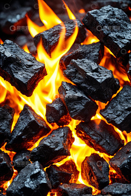 燃烧中的黑色煤炭与火焰