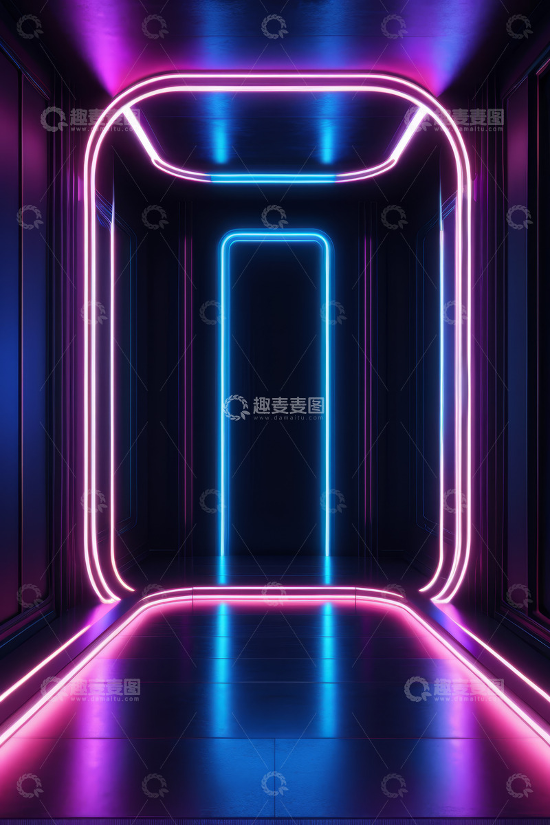高清大图下载【趣麦麦图】霓虹灯光装饰的未来感隧道