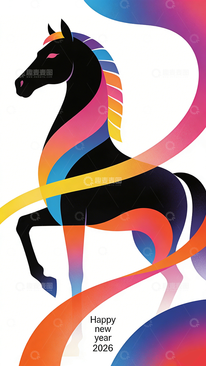 高清大图下载【趣麦麦图】彩马新年祝福设计插画矢量手绘素材