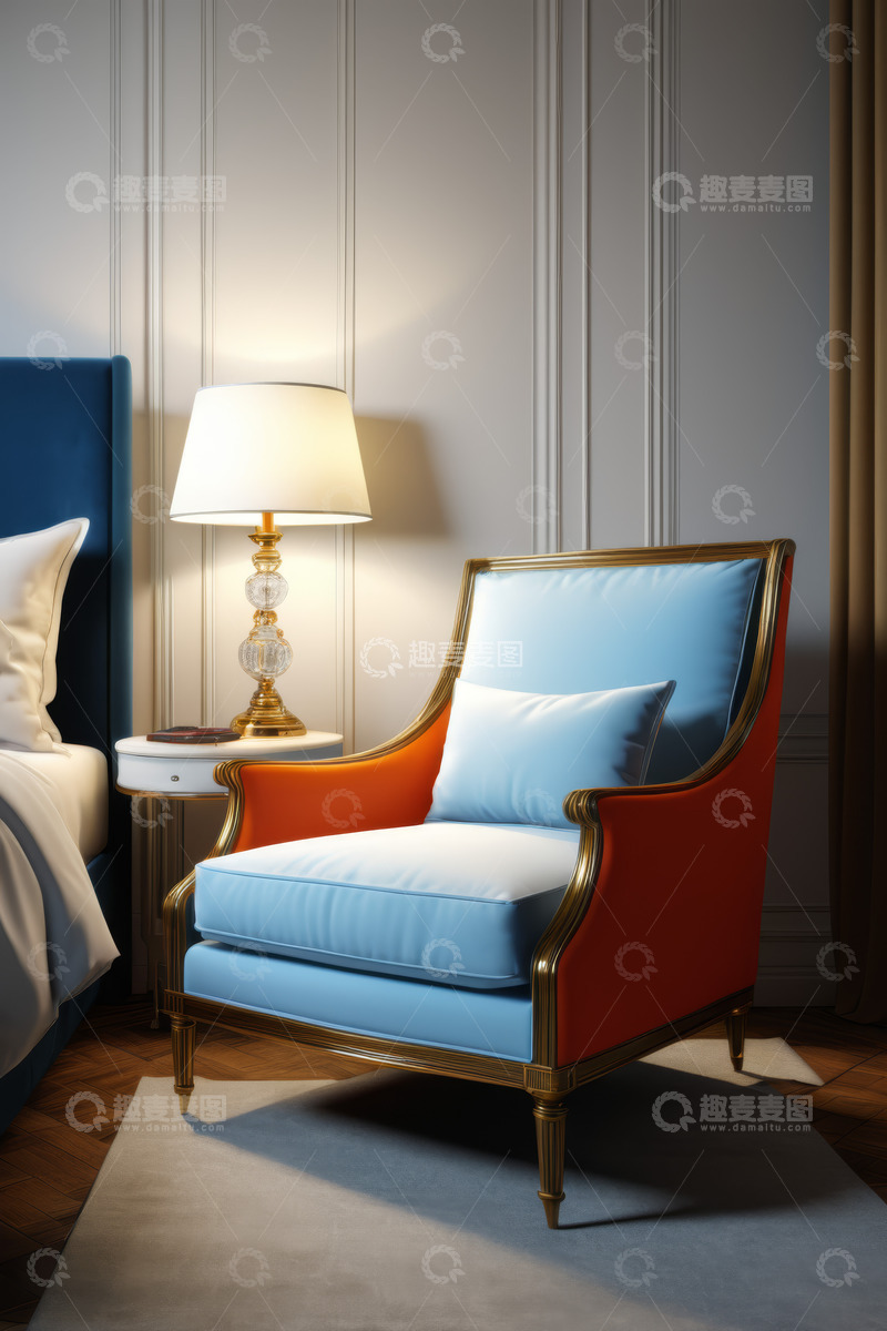高清大图下载【趣麦麦图】卧室中的装饰椅与台灯