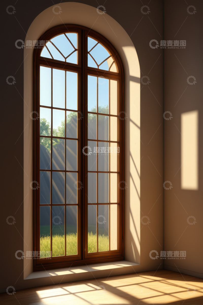 高清大图下载【趣麦麦图】室内拱形窗户及窗外景色