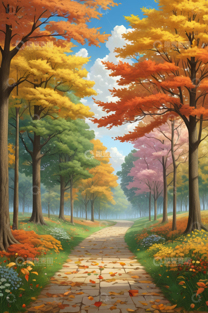 高清大图下载【趣麦麦图】秋日森林中的石板小径