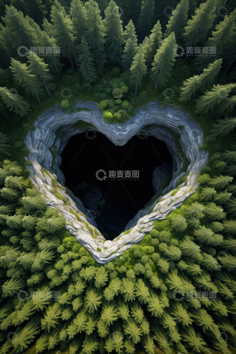 高清大图下载【趣麦麦图】心形洞穴上空俯瞰茂密森林