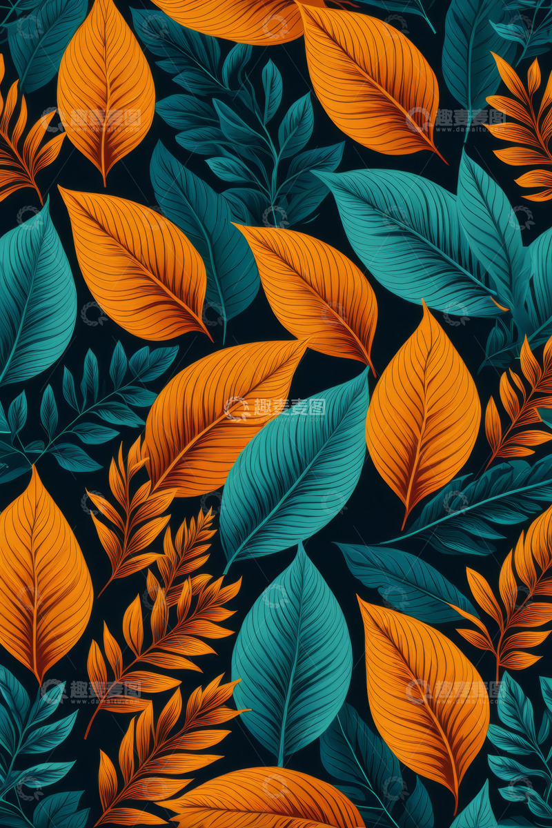 高清大图下载【趣麦麦图】橙蓝相间叶片图案素材