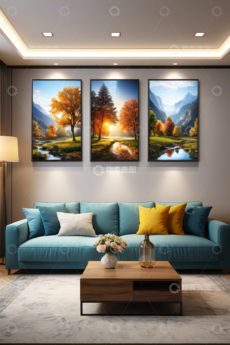 高清大图下载【趣麦麦图】室内蓝色沙发与风景挂画场景
