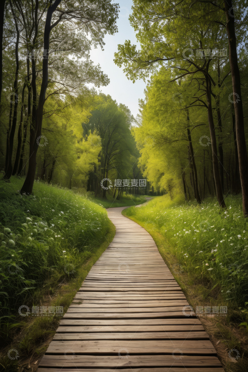 高清大图下载【趣麦麦图】森林中蜿蜒的木质步道