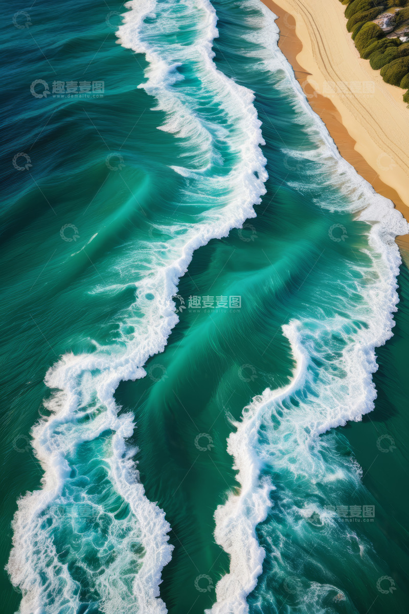 高清大图下载【趣麦麦图】俯拍海浪拍打沙滩景象