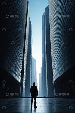 商务人士立于现代摩天大楼间