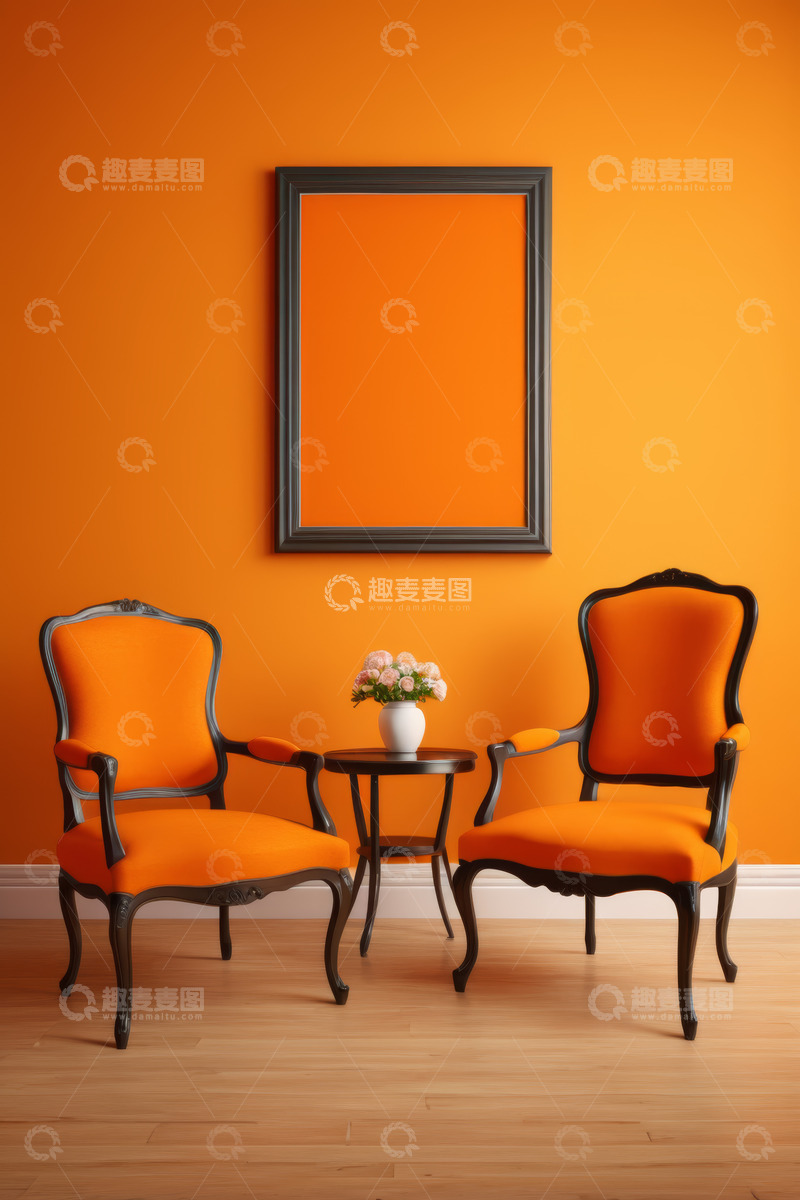 高清大图下载【趣麦麦图】橙色墙面配复古座椅室内场景