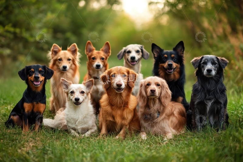 高清大图下载【趣麦麦图】草地上的一群狗狗家族