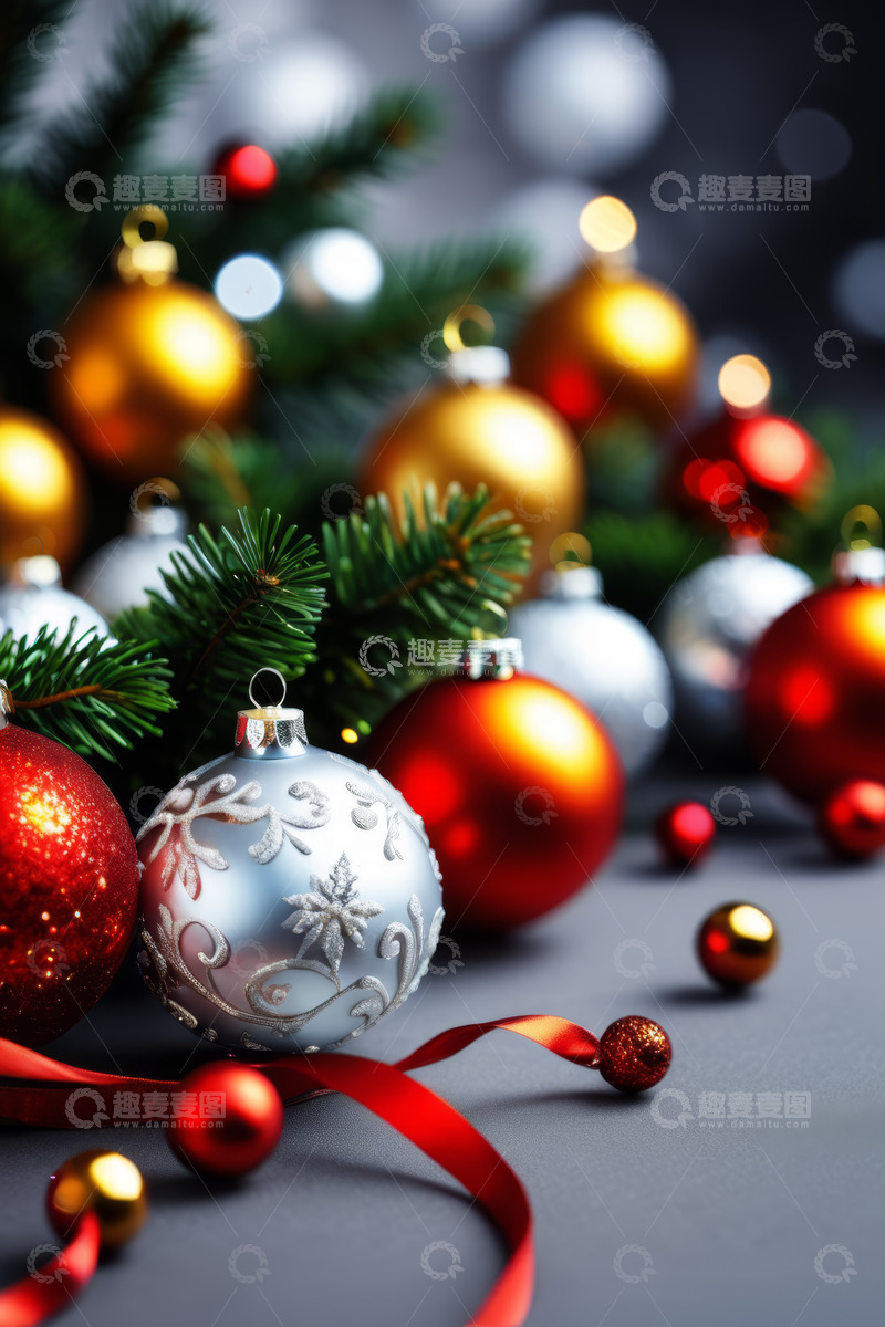 高清大图下载【趣麦麦图】圣诞装饰球与松枝特写