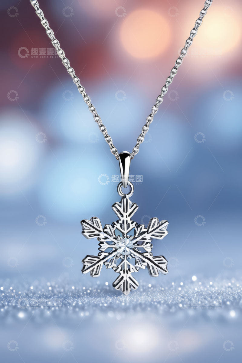 高清大图下载【趣麦麦图】雪花造型银质项链特写