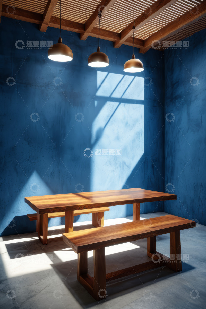 高清大图下载【趣麦麦图】室内蓝色墙面下的木质桌椅场景