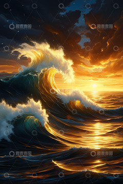 夕阳下翻涌的海洋波浪