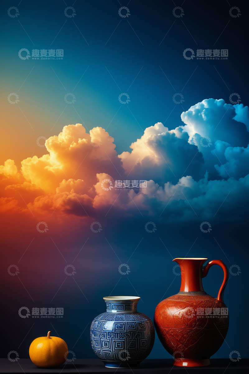 高清大图下载【趣麦麦图】晚霞背景下的陶瓷花瓶与南瓜