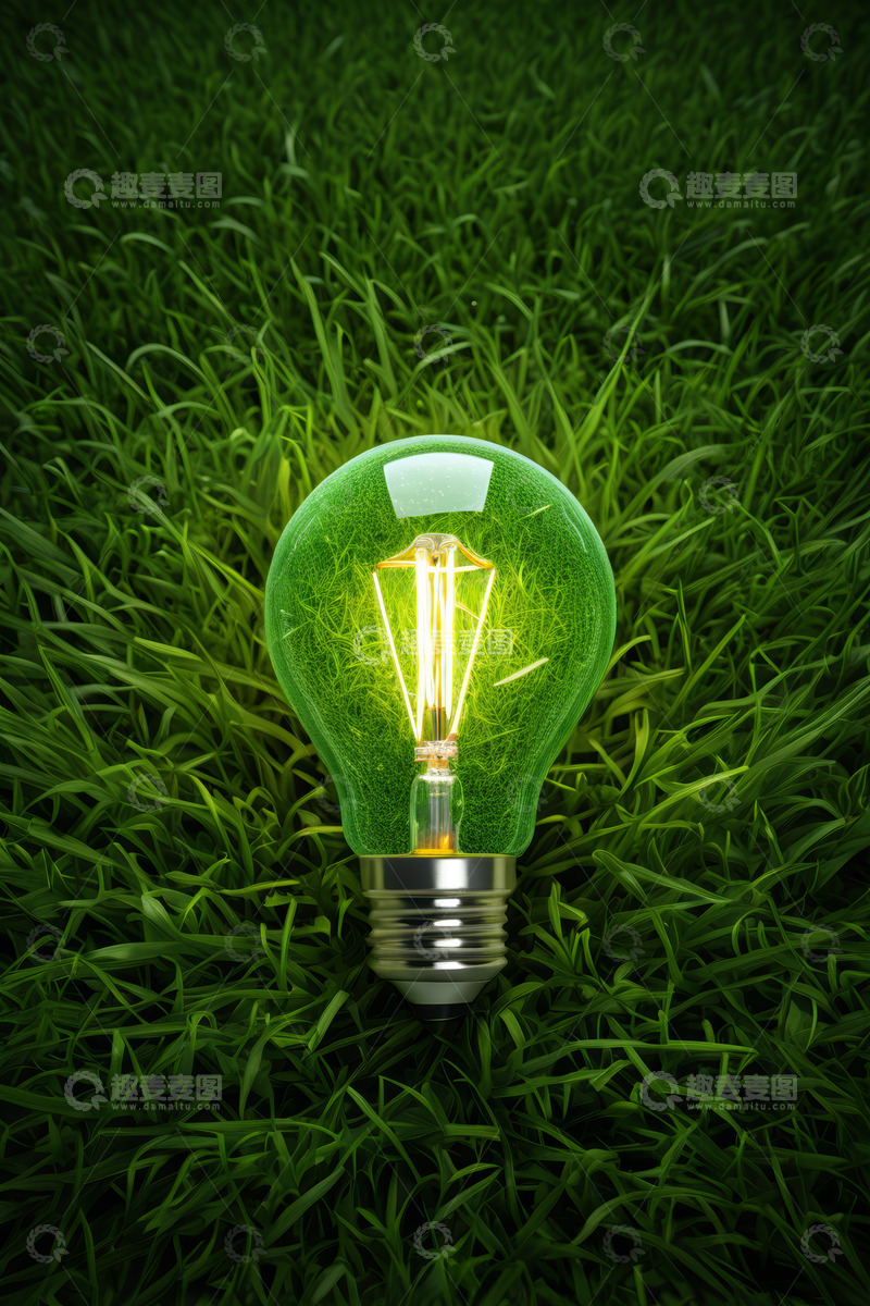 高清大图下载【趣麦麦图】草地上的发光绿色灯泡