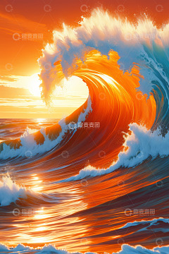 夕阳下的海洋巨大波浪景观