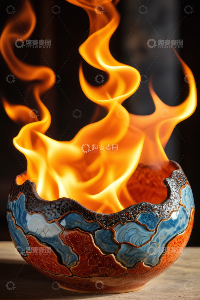 高清大图下载【趣麦麦图】燃烧火焰的彩色陶瓷碗