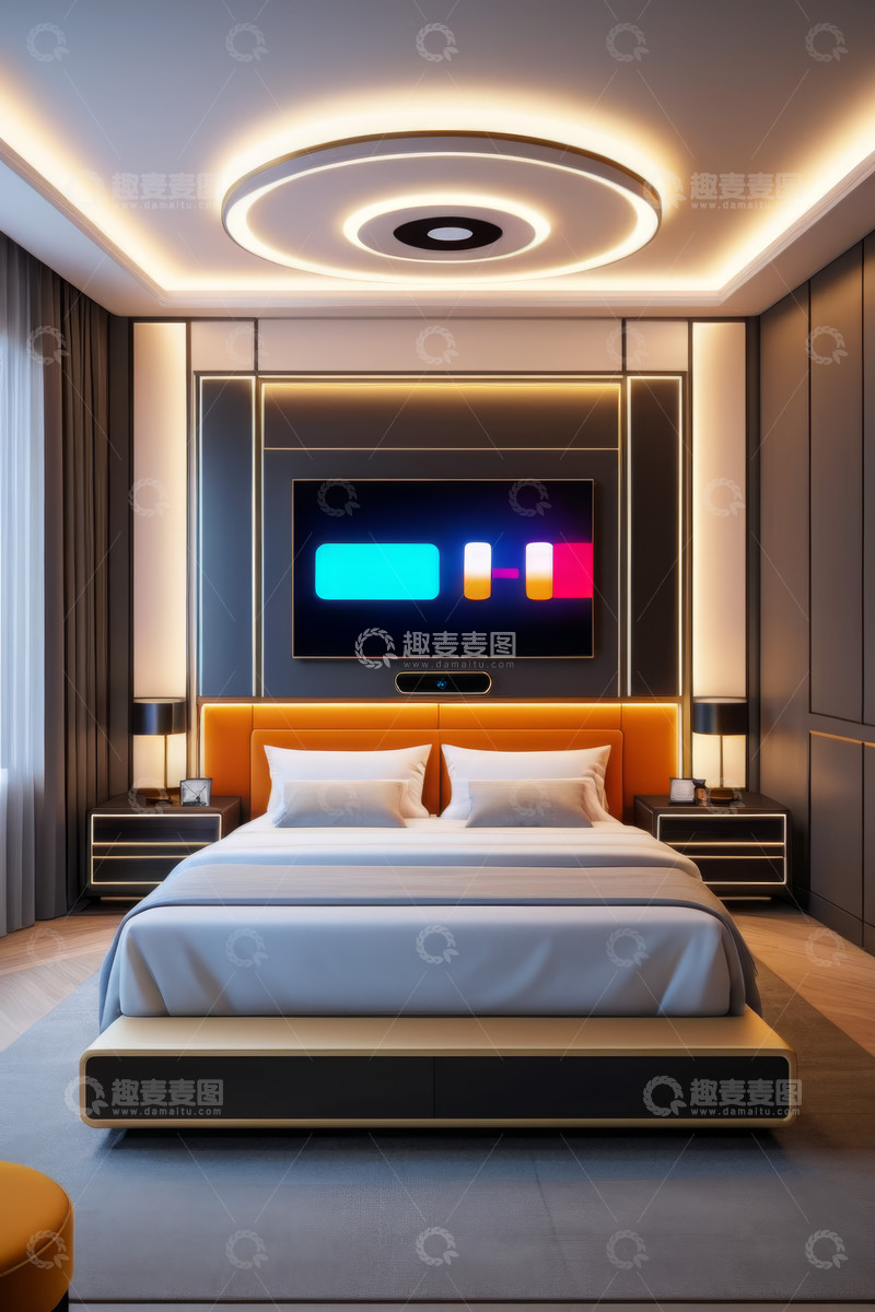 高清大图下载【趣麦麦图】现代风格卧室及床头大屏电视