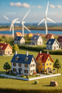 田园风房屋模型与风力发电机景观