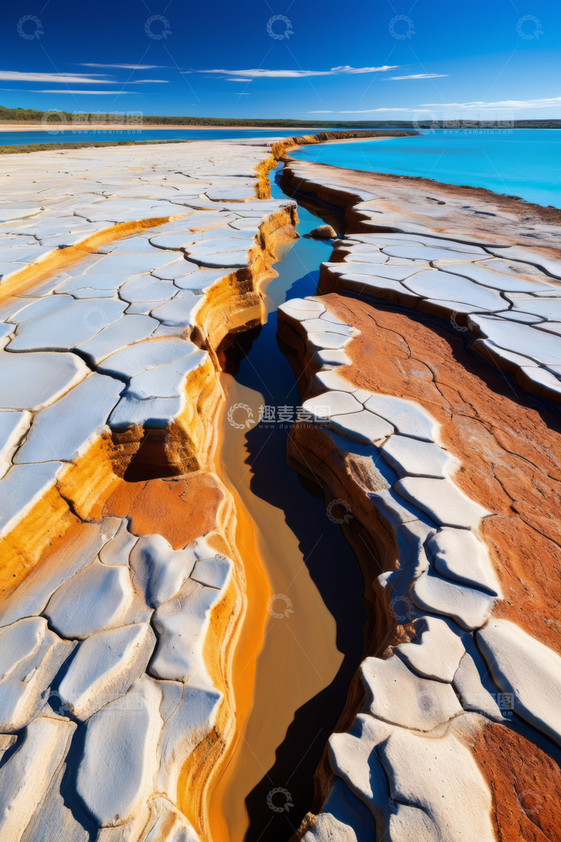 高清大图下载【趣麦麦图】户外干裂土地与蓝色水域景观