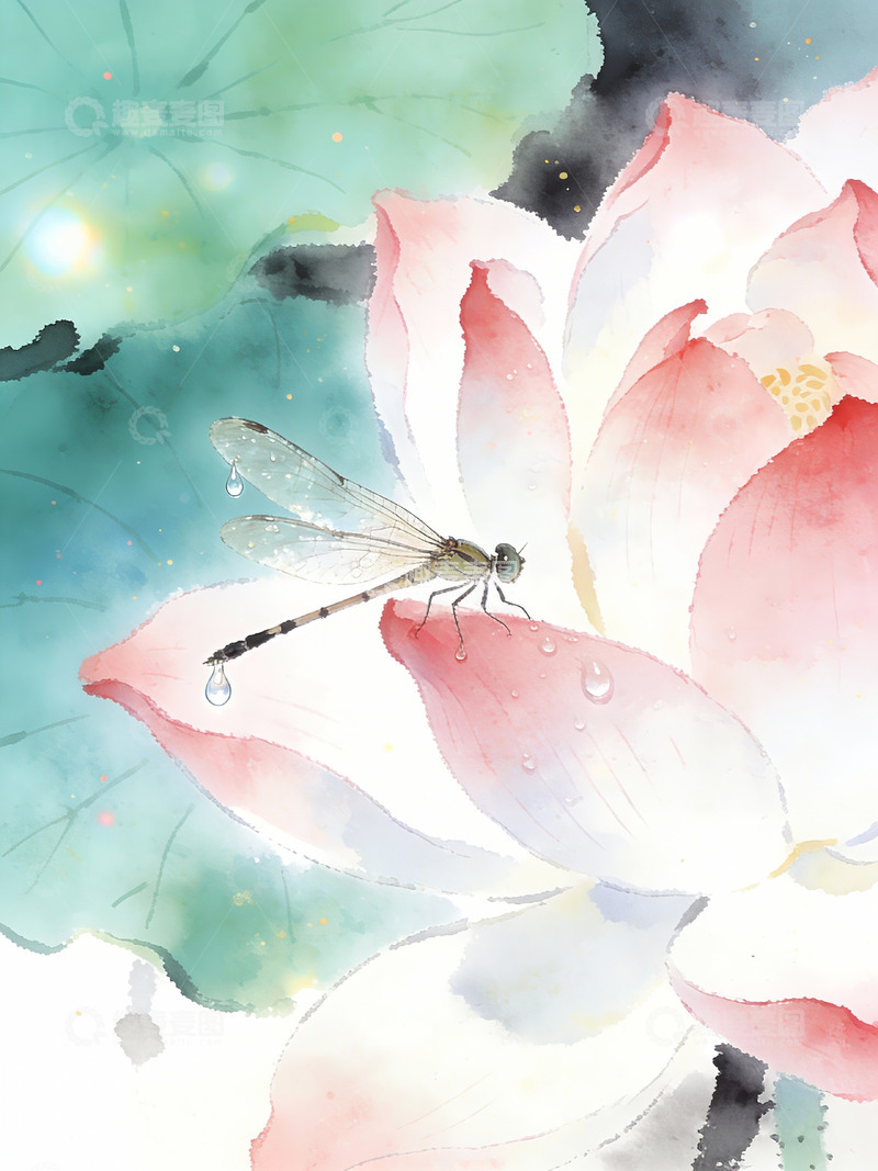 高清大图下载【趣麦麦图】水墨荷花蜻蜓水彩画