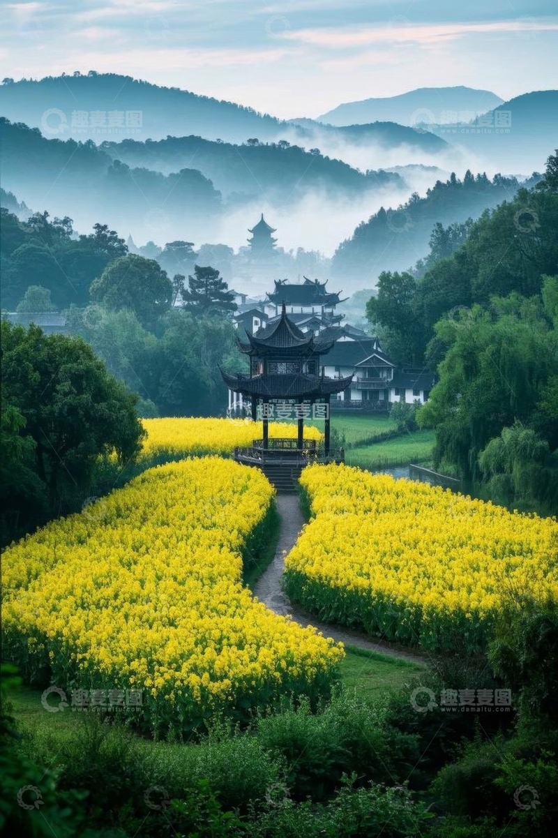 高清大图下载【趣麦麦图】油菜花田中的中式亭台景观