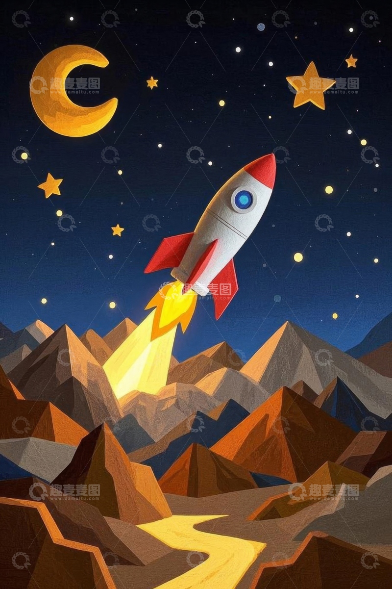 高清大图下载【趣麦麦图】卡通火箭于山间夜空发射