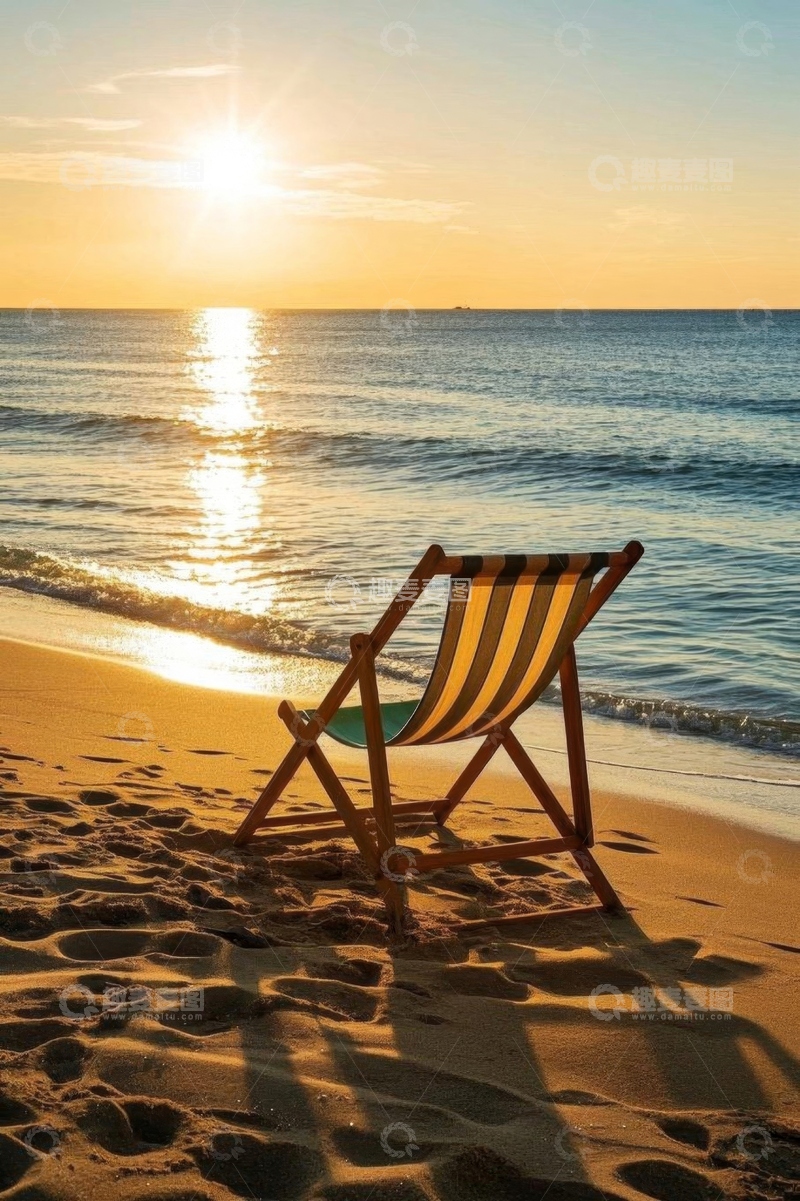高清大图下载【趣麦麦图】海滩夕阳下的休闲躺椅