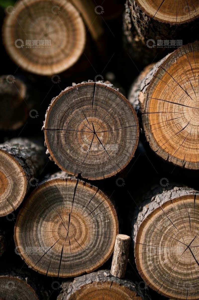 高清大图下载【趣麦麦图】堆叠的原木横截面特写